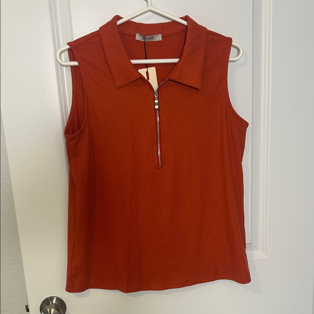 ViVI Rust-Orange Ribbed Zip Polo Tank